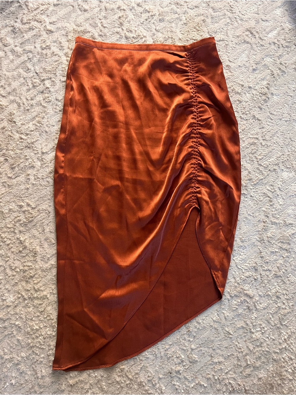 Skies Are Blue Rust Orange Asymmetrical Ruched Midi Skirt